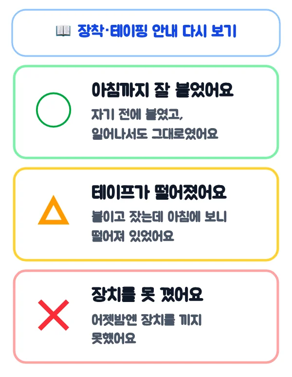 지난밤 입 테이프 기록을 ◯·△·✕ 중에서 선택하는 환자용 앱 화면