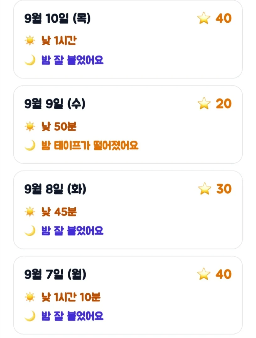 날짜별 낮 시간·밤 기록·칭찬별이 쌓인 화면