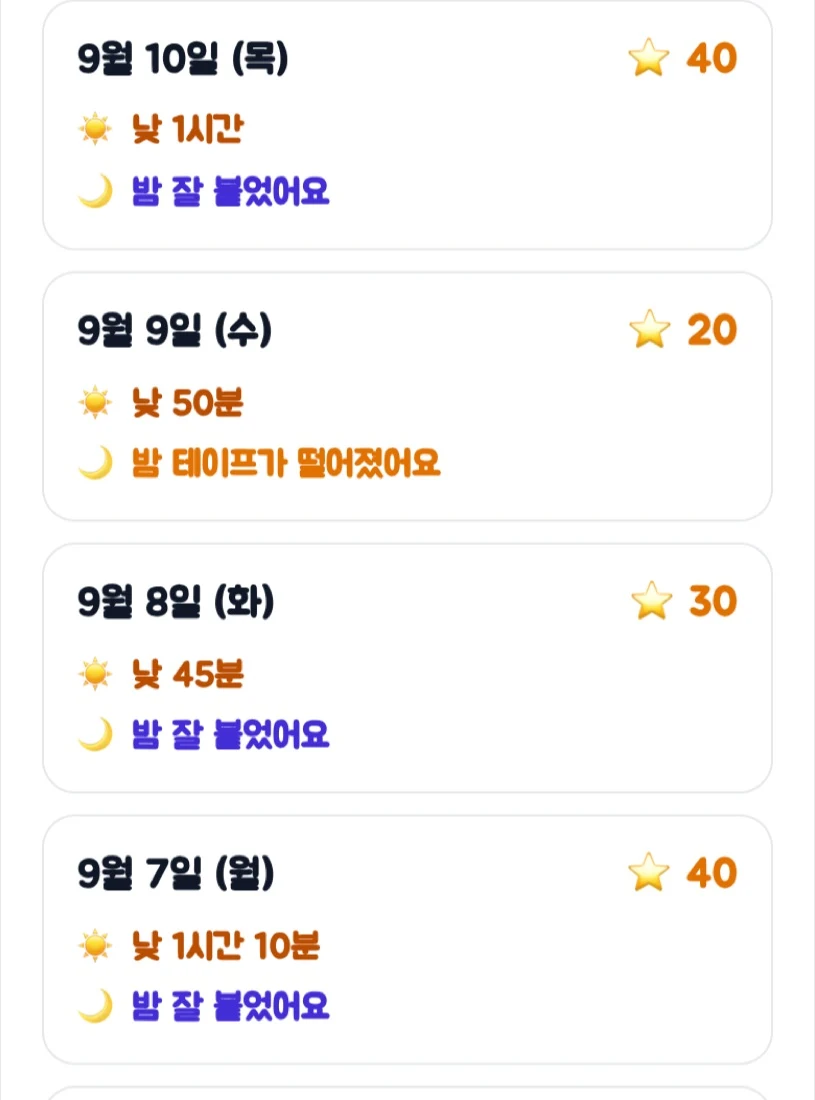 날짜별 낮 시간·밤 기록·칭찬별이 쌓인 화면
