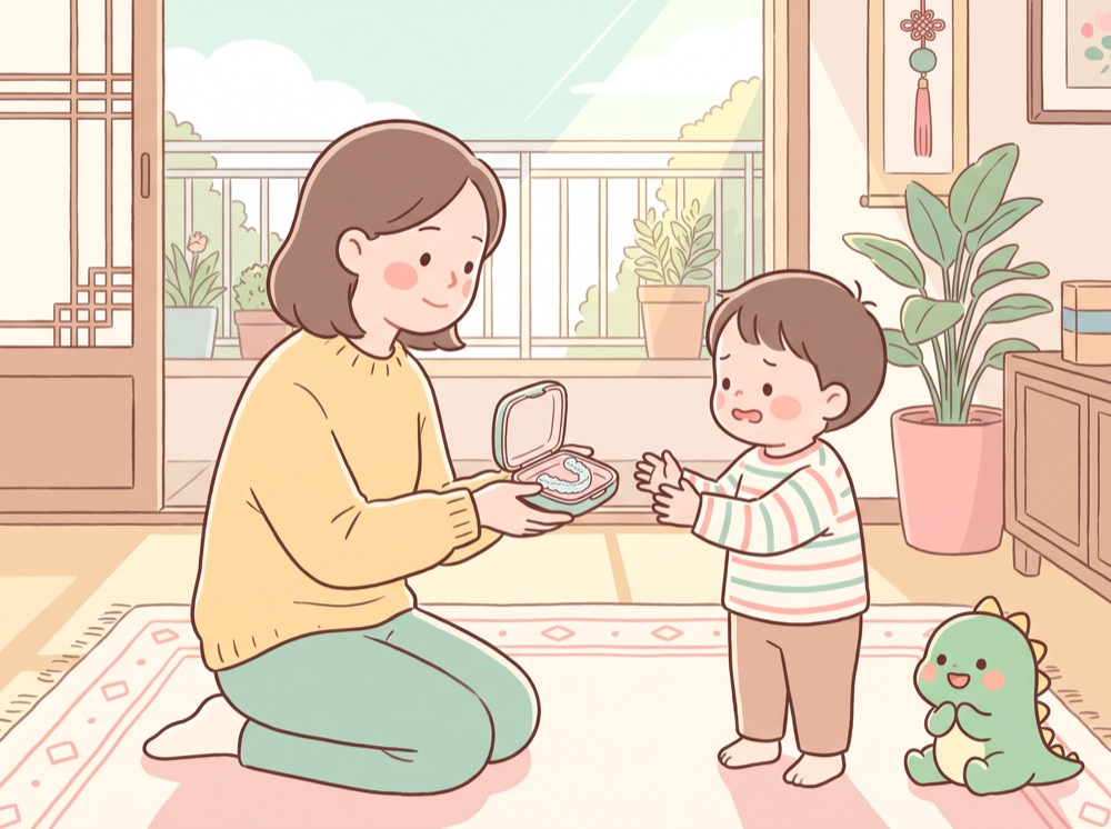 보호자와 아이가 장치 케이스를 주고받는 안내장 그림
