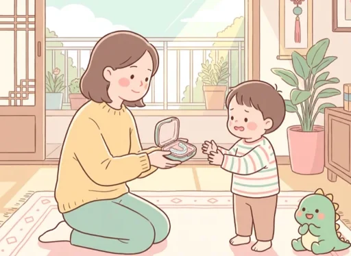 보호자가 아이에게 장치를 건네고 코코가 지켜보는 안내장 그림